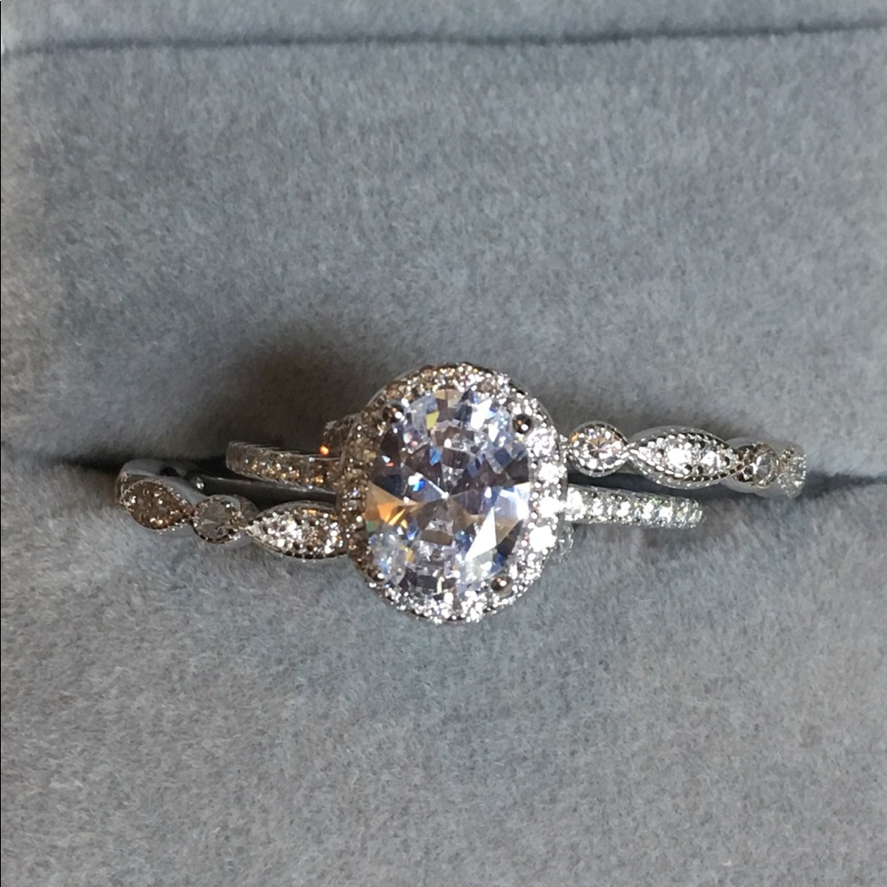 3pcs Solid Silver Engagement Ring Wedding Band Set - Picture 1 of 6